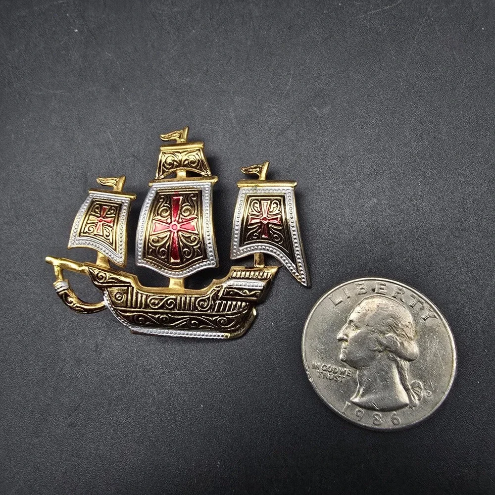 Damascene Ship Boat Brooch Gold Tone White Black Red Spain Vintage